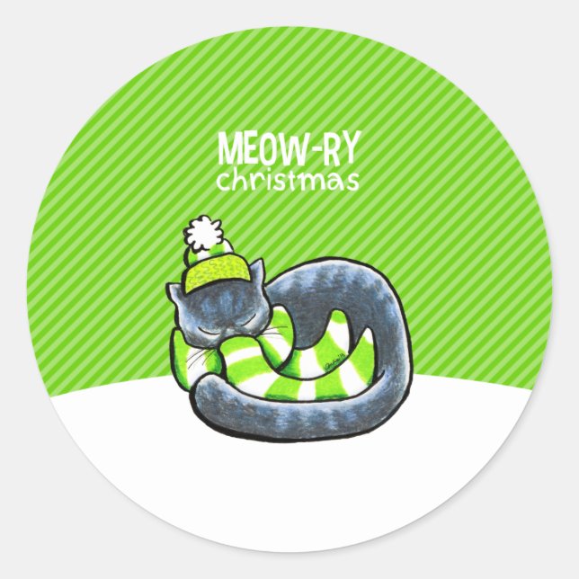Gray Cat Scarf Christmas Green Stripe Classic Round Sticker (Front)