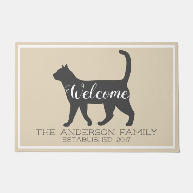 Gray Cat Silhouette & Taupe | Family Name Doormat (Front)