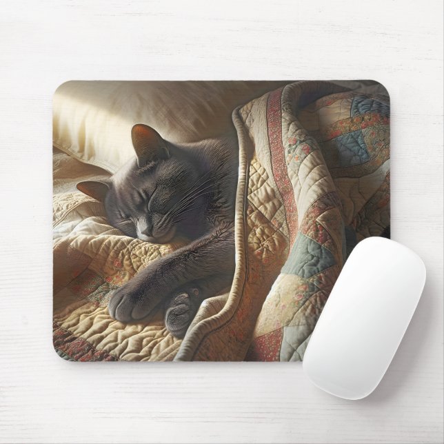 Gray Cat Sleeping Under A Quilt Mouse Pad (With Mouse)