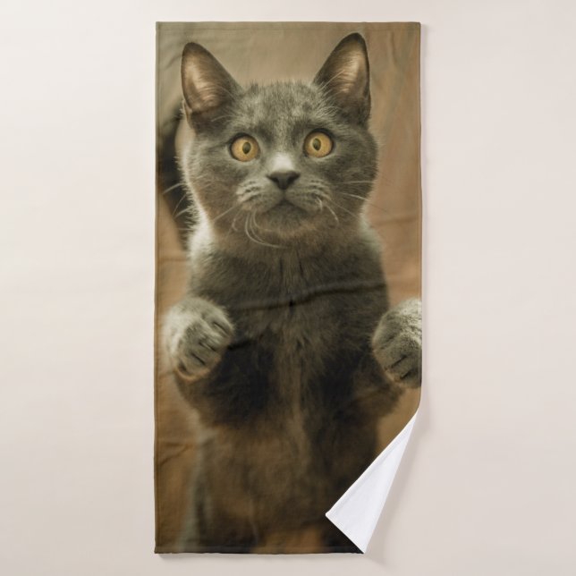 GRAY CAT STANDING IN TWO FEET BATH TOWEL (Bath Towel)