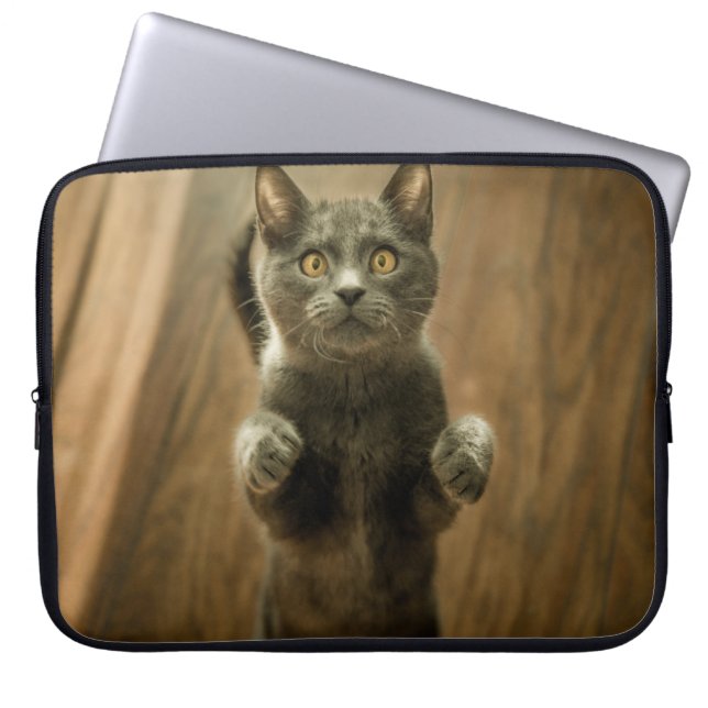 GRAY CAT STANDING IN TWO FEET LAPTOP SLEEVE (Front)
