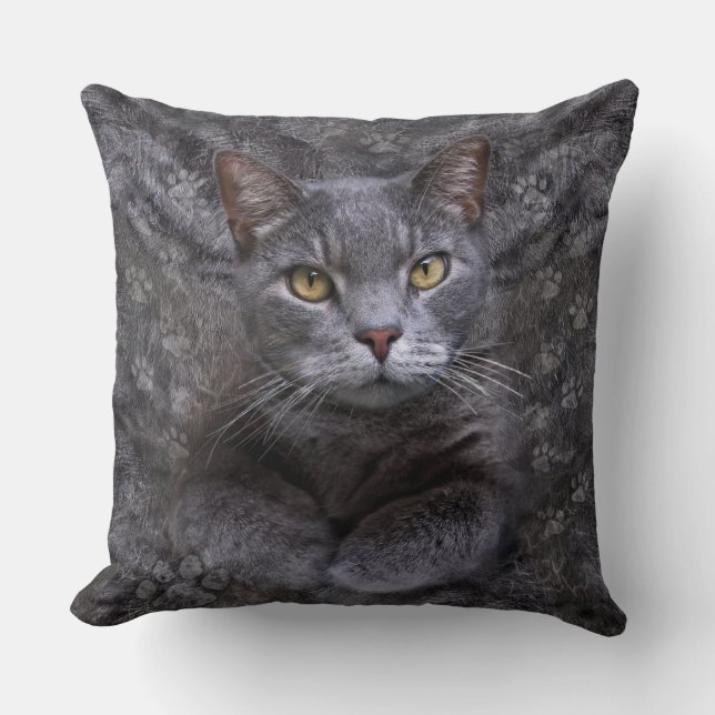 Gray Cat Throw Pillow (Front)