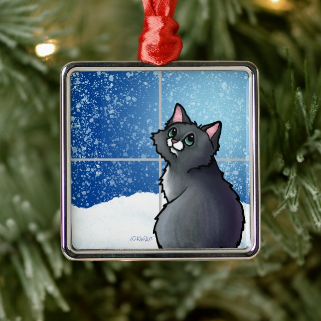 Gray Cat Window Metal Ornament (Tree)