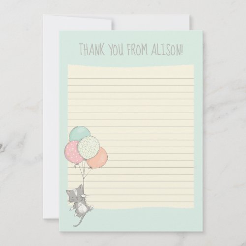Gray Cat with Balloons Small Lined Flat Panel Thank You Card