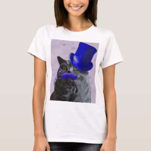 Gray Cat With Blue Top Hat and Mustache