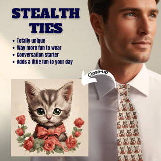 Gray Cat with Bowtie and Roses Stealth Neck Tie