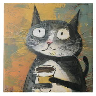 Gray Cat with Coffee on Ochre Ceramic Tile