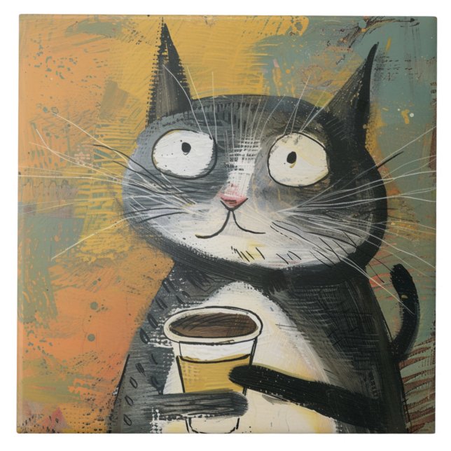 Gray Cat with Coffee on Ochre Ceramic Tile (Front)