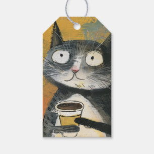 Gray Cat with Coffee on Ochre Gift Tags