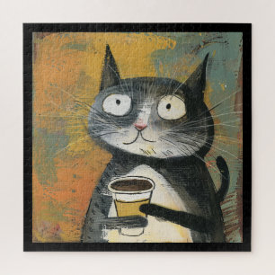 Gray Cat with Coffee on Ochre Jigsaw Puzzle