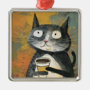 Gray Cat with Coffee on Ochre Metal Ornament