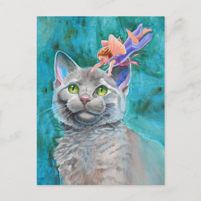 Gray Cat with Fairy Postcard (Front)
