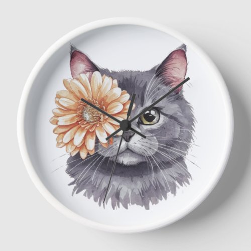 Gray Cat with Flower Eye Clock