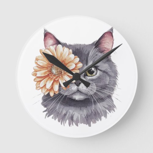 Gray Cat with Flower Eye Round Clock