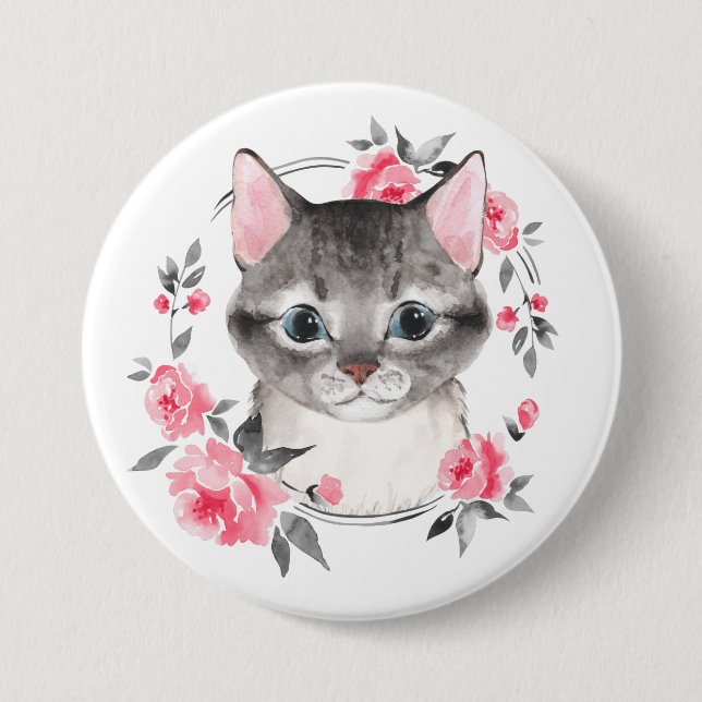 Gray cat with flowers. Watercolor Button (Front)
