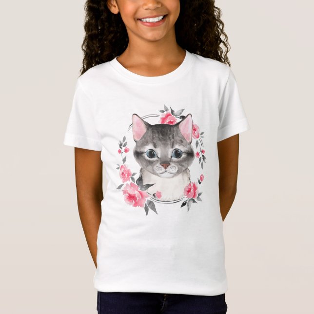 Gray cat with flowers. Watercolor T-Shirt (Front)