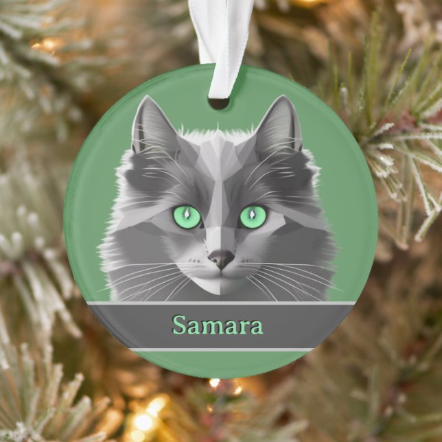 Gray Cat with Jade Green Eyes custom front & back Ornament (Tree)