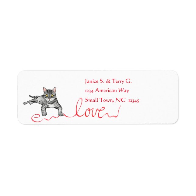 Gray Cat with Love Ribbon Label (Front)