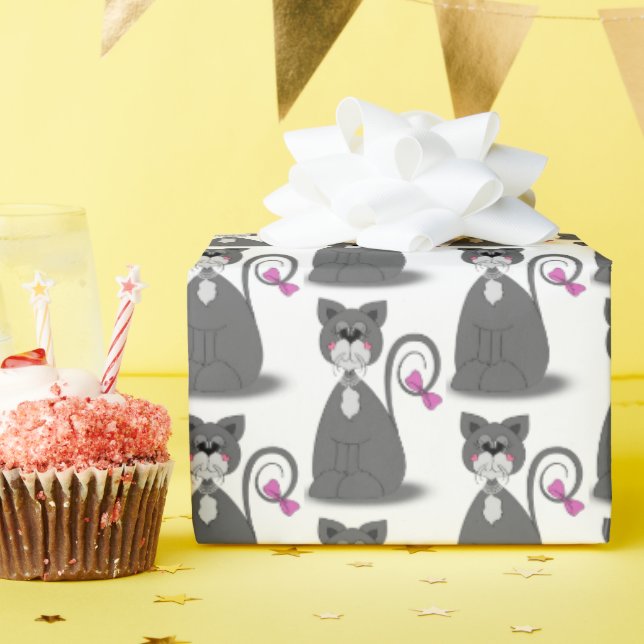 gray cat with pink bow wrapping paper (Birthday Party)