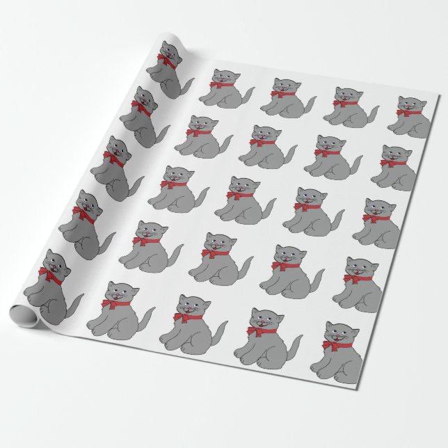 Gray Cat with Red Bow Wrapping Paper (Unrolled)