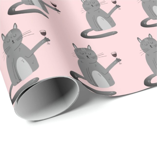 Gray Cat With Red Wine Wrapping Paper (Roll Corner)