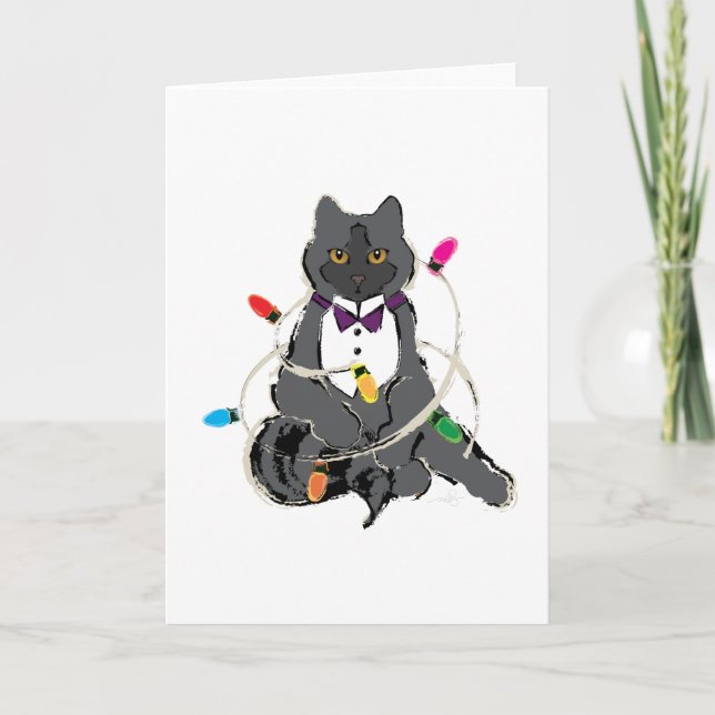 Gray Cat Wrapped In Christmas LIghts Holiday Card (Front)