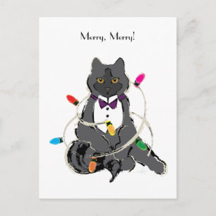 Gray Cat Wrapped In Christmas LIghts Holiday Postc Postcard
