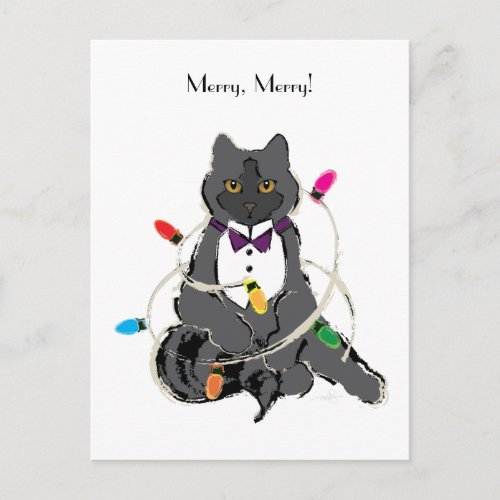 Gray Cat Wrapped In Christmas LIghts Holiday Postc Postcard