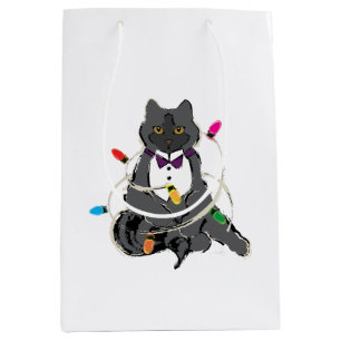 Gray Cat Wrapped In Christmas LIghts Medium Gift Bag