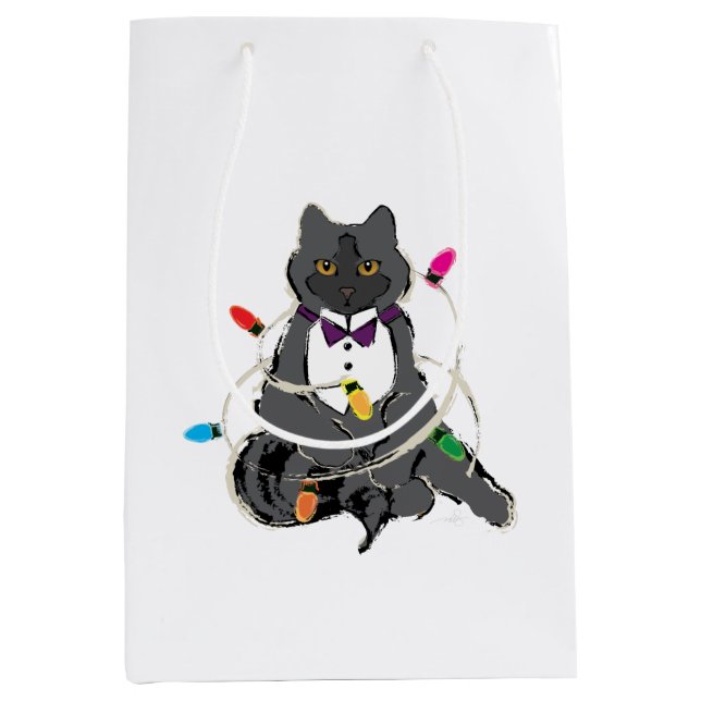 Gray Cat Wrapped In Christmas LIghts Medium Gift Bag (Front)