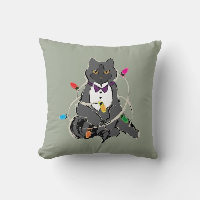 Gray Cat Wrapped In Christmas LIghts Throw Pillow (Front)