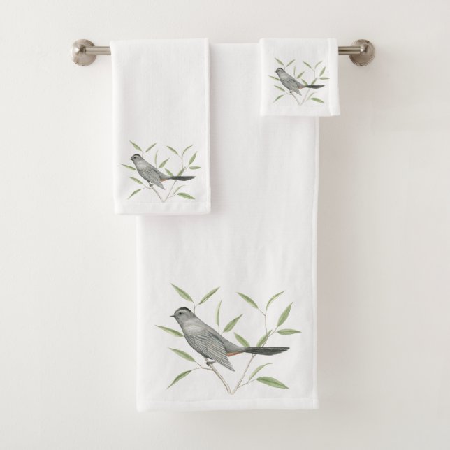 Gray Catbird Bird Art Bath Towel Set (Insitu)