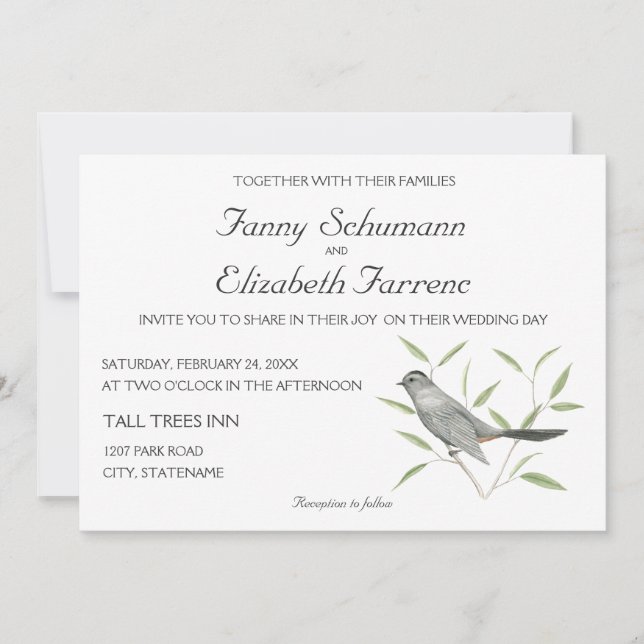 Gray Catbird Bird Art Wedding Invitation (Front)