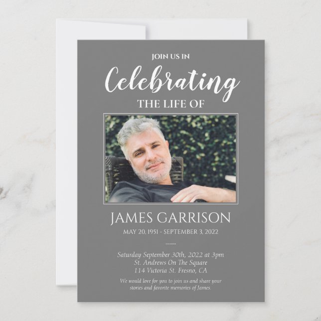 Gray Celebration of Life Photo Memorial Invitation (Front)