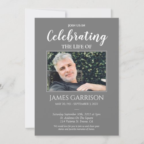 Gray Celebration of Life Photo Memorial Invitation