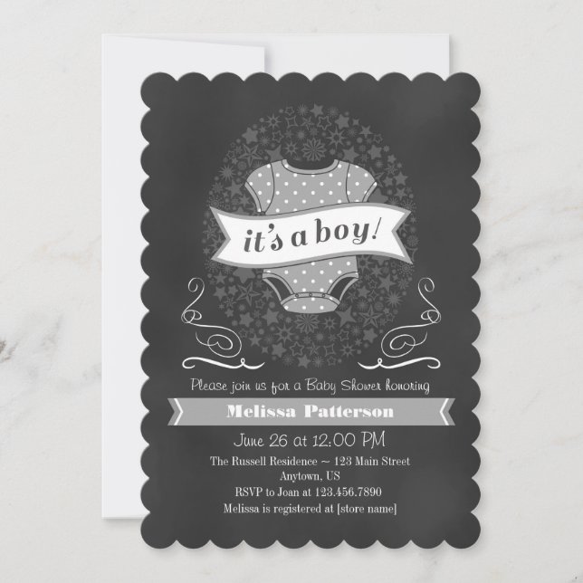 Gray Chalkboard Boy Baby Shower Invite (Front)