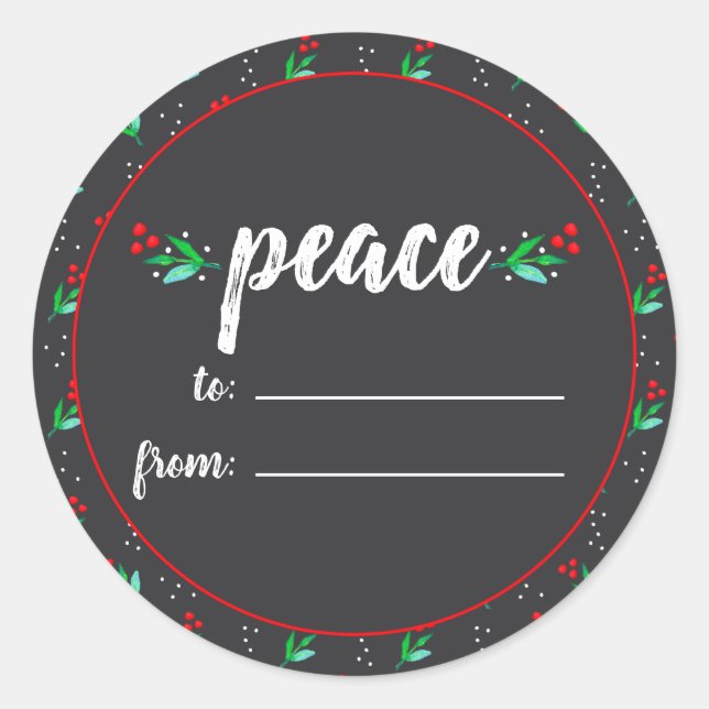 Gray Chalkboard Foliage White Peace Christmas Tag (Front)