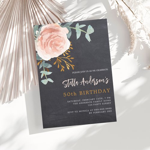 Gray chalkboard ose gold floral greenery birthday invitation