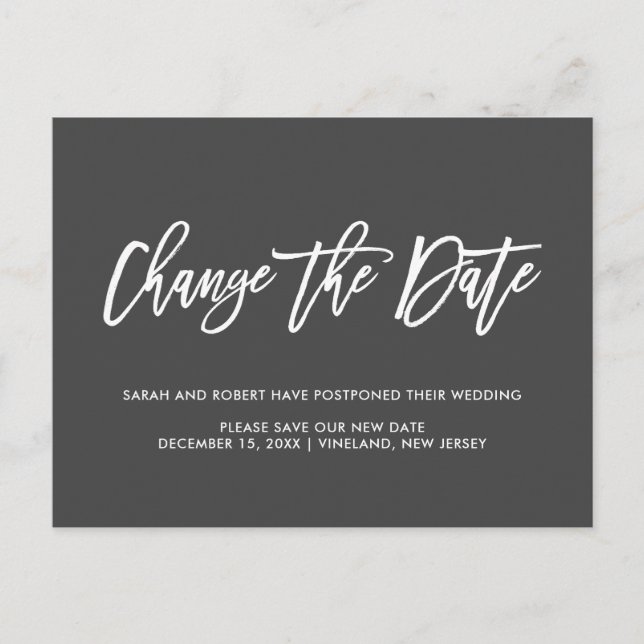 Gray Change the date Postponed Cancelled wedding Announcement Postcard (Front)