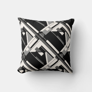 Gray Charcoal Black White Diagonal Geometric Motif Throw Pillow