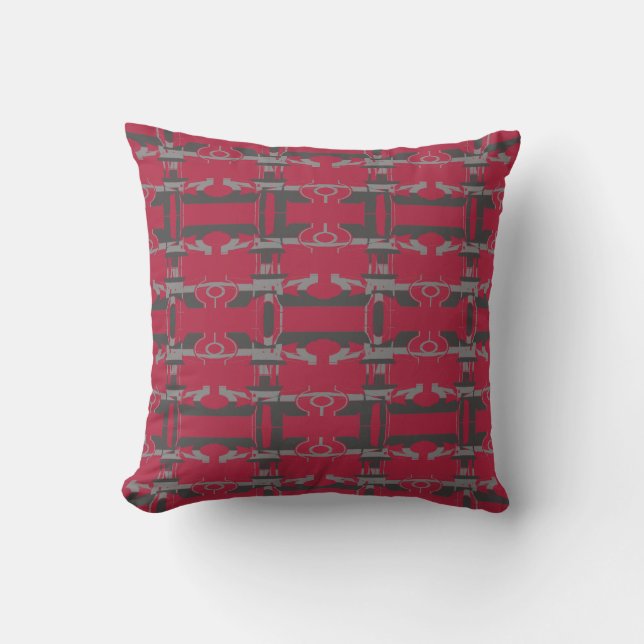 Gray Charcoal Dark Red Perpendicular Rows Design Throw Pillow (Front)