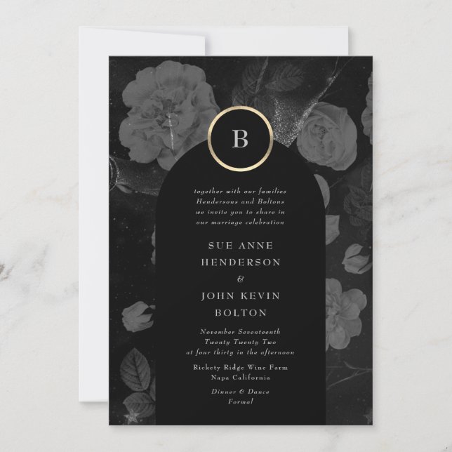 Gray Charcoal Dramatic Floral Arch Gold Wedding Invitation (Front)