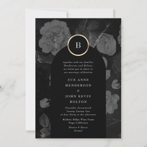 Gray Charcoal Dramatic Floral Arch Gold Wedding Invitation