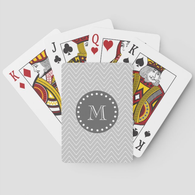 Gray & Charcoal Modern Chevron Custom Monogram Poker Cards (Back)