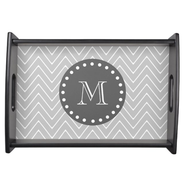 Gray & Charcoal Modern Chevron Custom Monogram Serving Tray (Front)
