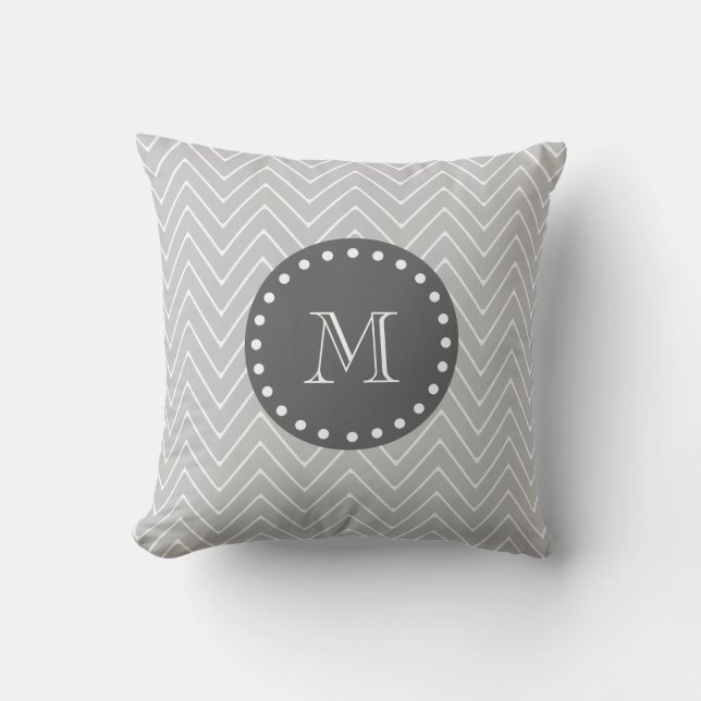 Gray & Charcoal Modern Chevron Custom Monogram Throw Pillow (Front)