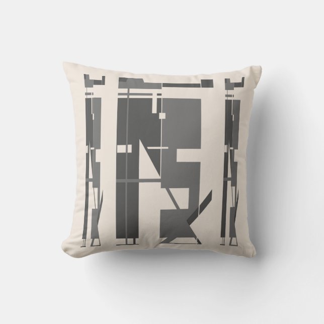 Gray Charcoal on Beige Tribal Art Abstract Motif Throw Pillow (Front)