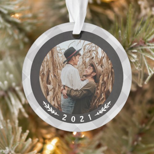 Gray Check Couples First Christmas Photo Ornament