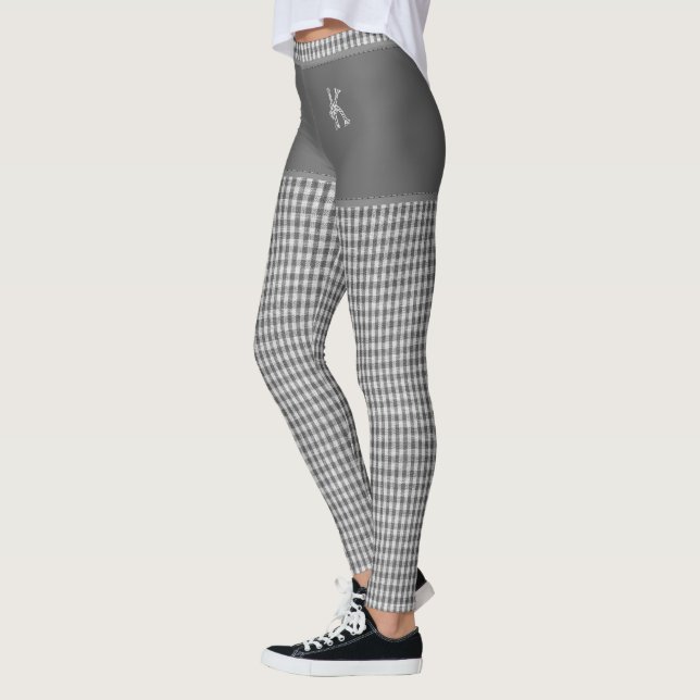 Gray Checkered Fabric Print Monogram Personalized Leggings (Left)