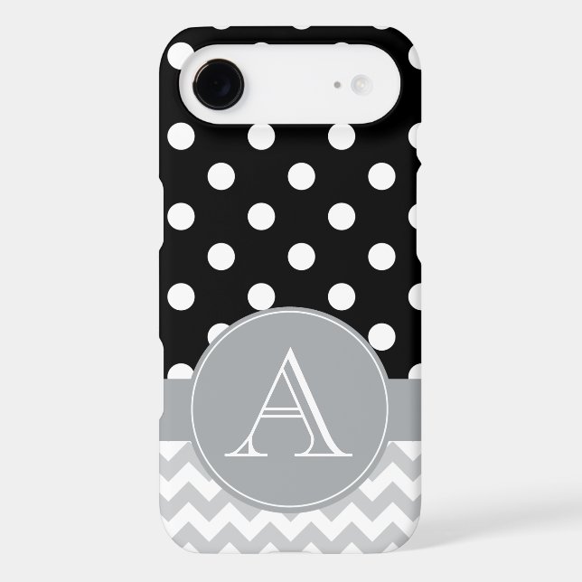 Gray Chevron and Black Polka Dots Custom Monogram Case-Mate iPhone Case (Back)